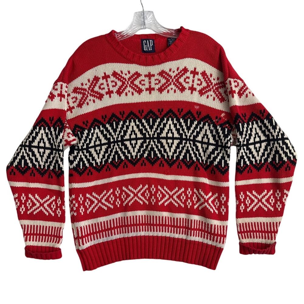 Vintage GAP Fair Isle Nordic Sweater Red Black Cream 90s Y2K hoilday large
